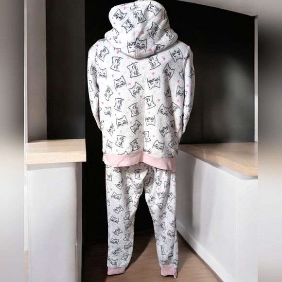 Pillow Talk Cat 2-Piece Cozy Fleece Pajama Set Hooded Top & Bottoms Ladies Sz M - Picture 4 of 12